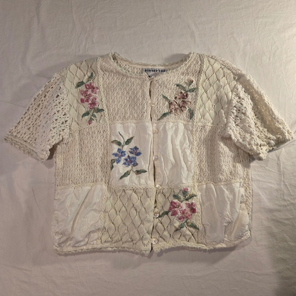 Vintage Bedford Fair Women's Crochet Floral Embroidered Top Size M Cottage Boho - Picture 7 of 13
